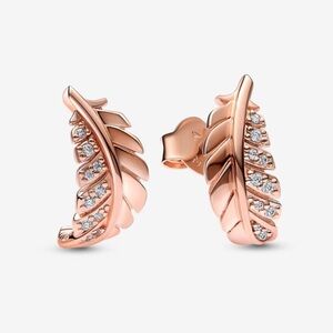 NWT Pandora Rose Gold Floating Curved Feather Leaf Earrings